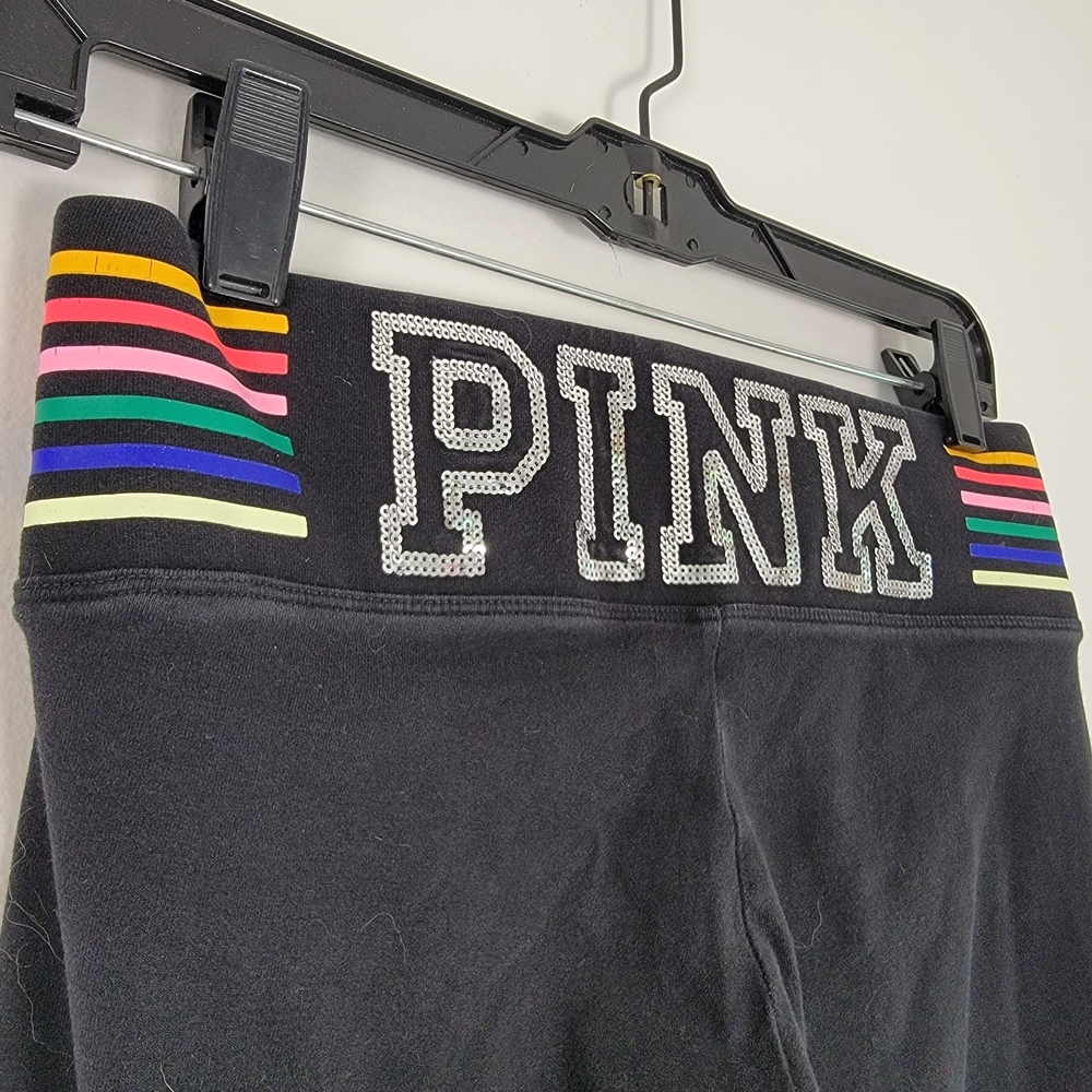 PINK Victoria's Secret Black Leggings Rainbow Stripes Sequin Bling Flare Leg S